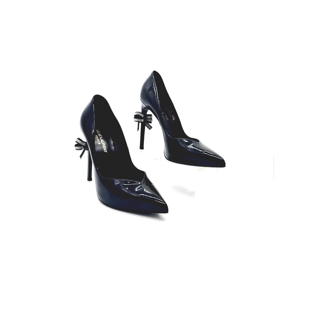 Saint Laurent Black Patent Leather Crystal Bow Runway Heels Pumps EU 38.5 - Picture 2 of 13